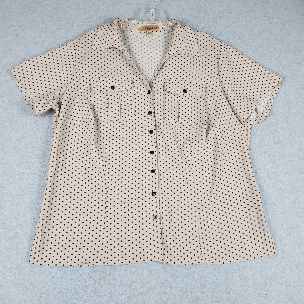 Notations Blouse Women 1X Tan Black Polka Dot Short Sleeve Collared Button Up